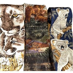 Lot Of 3 Vintage 90's Endangered Species Silk Neck Ties Lions Koalas Cougars USA